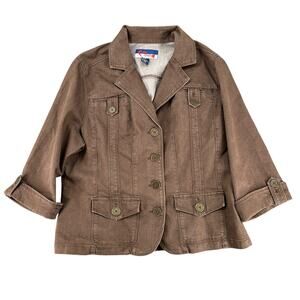 Vintage Y2K Mwah Brown Denim Jacket Plus Size 2XL 3/4 Sleeve Casual Retro